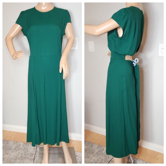 Reformation Gavin Emerald Green Dress Open Back Cap Sleeve Slit Midi Size 12 - Picture 5 of 16